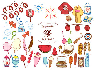 日本の夏祭りの手描きイラストセット(カラー)
