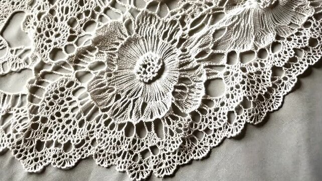 Delicate lace fabric intricately unfolding through elegant movement captured in high definition