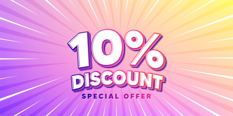 Discount sun rays gradient banner. Light burst background. 10 percent discount tag. Sale offer price sign. Special offer symbol. Gradient sun rays. Sunburst light. Vector