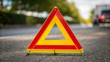 Warning triangle placed on road controls safety near facility with vehicles in background on production line