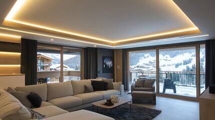 Fototapeta premium Cozy chalet living room with snowy mountain views