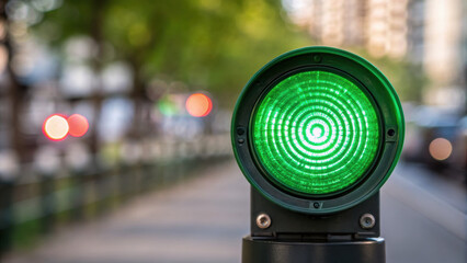 Green light controls flow of traffic on city street with blurred background and facility in view
