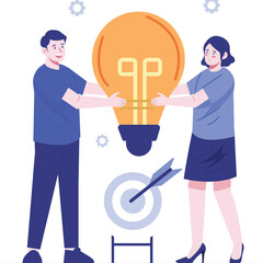 Creative Business Illustration. Vector illustration of Two people holding a large lightbulb together representing teamwork and shared creativity. Isolated on background