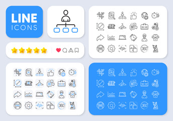 Voice wave, Vaccination schedule and Management line icons for web app. Message, Share, Like social media icons. Pack of Trade infochart, 360 degrees, Chemistry dna pictogram icons. Vector