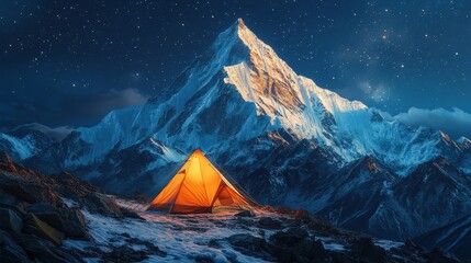 Alpine peak, orange tent, night.