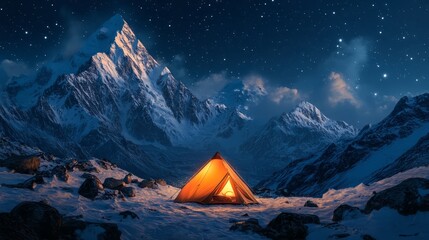 Glowing tent on snowy mountain.
