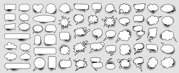 Naklejka premium Retro hand drawn set of comic speech bubble, cloud text box and chat message sticker with halftone pattern in pop art cartoon style as business communication symbol. Quote frame or idea balloon icon.