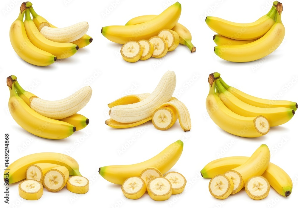 Poster a collection of bananas in various states of preparation on a plain white background display image