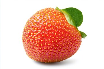 Fresh, ripe strawberry with vibrant red color and green leaves on a white background