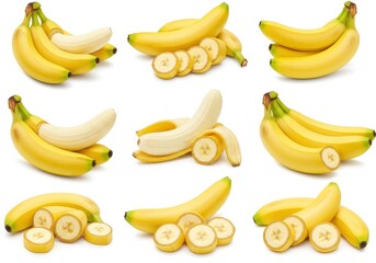 A collection of bananas in various states of preparation on a plain white background display image