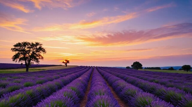 Lavender Field at Colorful Sunset Landscape Scenery