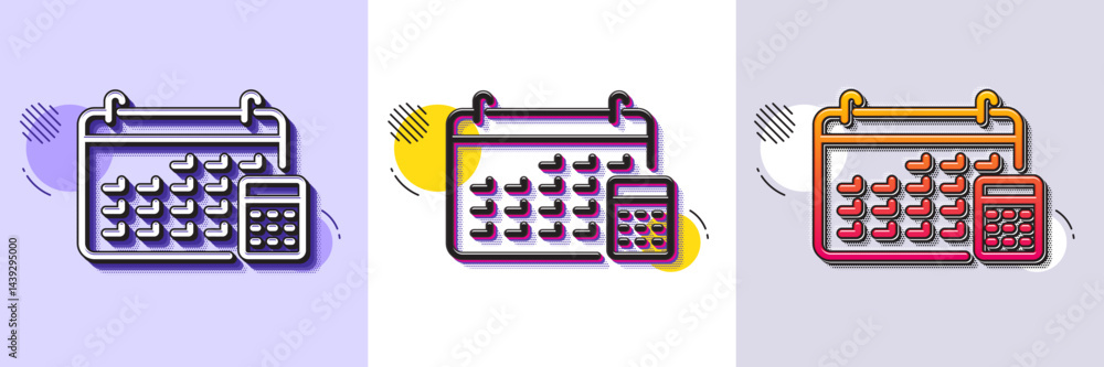 Poster calendar with calculator line icon. halftone dotted pattern. gradient icon with grain shadow. accoun