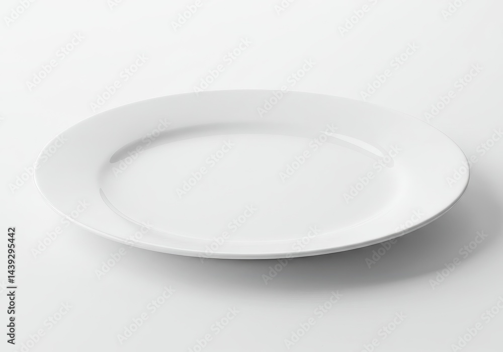 Poster a simple white plate on a white background in a studio shot with soft lighting and minimal shadows