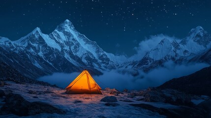 Orange tent, Himalayan night scene.