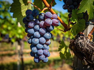 Naklejka premium Grapes hang on Vine with Water Droplets in Vineyard