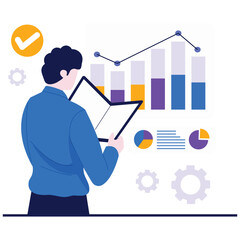 Data Analytics Illustration. Vector illustration of A man analyzing business growth charts and statistical reports. Isolated on background