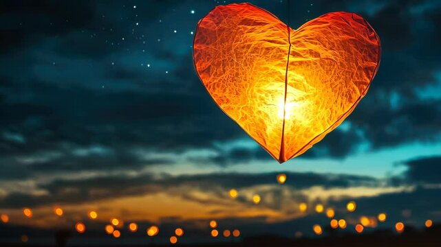 Heartshaped lanterns illuminate night sky in magical sunset sequence
