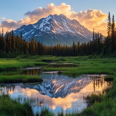 Snowy peaks reflect in meadow puddles.
