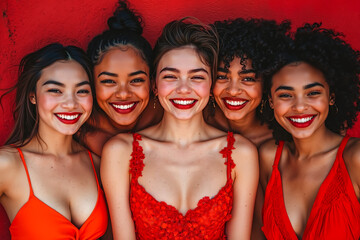 Fototapeta premium A group of women in red dresses posing for a picture