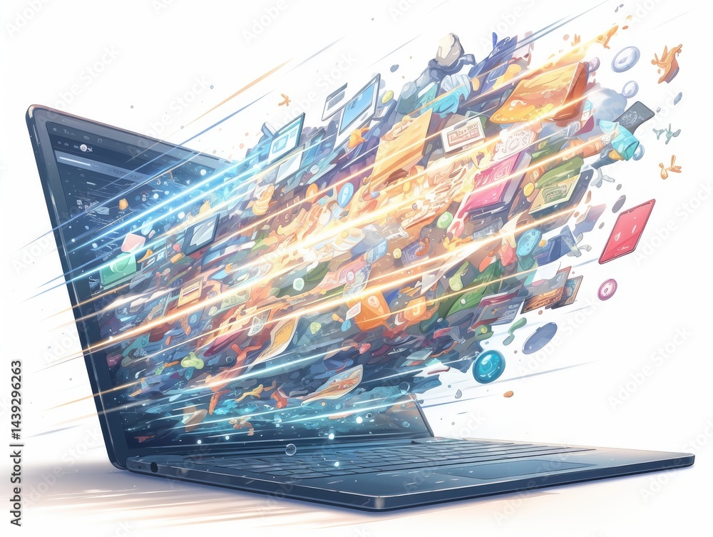 Poster laptop screen bursts with data, depicting fast processing speed and digital information overload