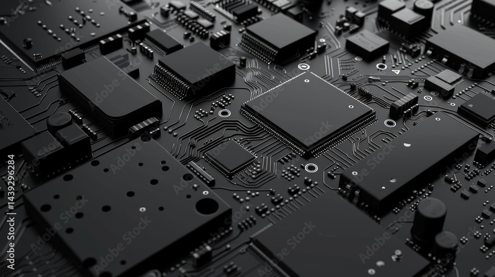 Poster close up of a circuit board with metallic material. macro photography of motherboard or microchip or