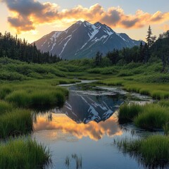Majestic mountain, mirroring water scene.