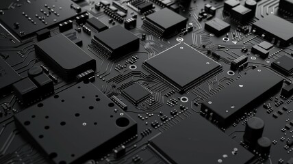 Close up of a circuit board with metallic material. Macro photography of motherboard or microchip or electrical circuit with dark black color glowing neon light. Digital artwork for design. AIG53.