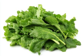 Fresh, vibrant green lettuce leaves piled on a clean white background, ideal for healthy recipes