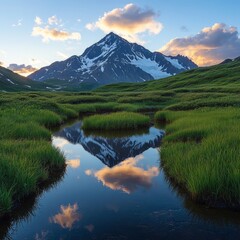 Sunset reflections on Alaskan puddles.