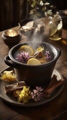 Aromatic herbal infusion steaming in a rustic pot