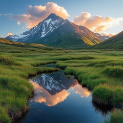 Alaskan peak reflects sunset sky.