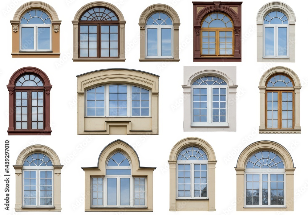 Poster a collection of various arched windows with different designs and architectural styles on a white ba