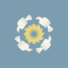 Birds flying around the sun and waves vintage illustration