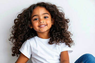 A little girl with curly hair sitting on the floor smiling