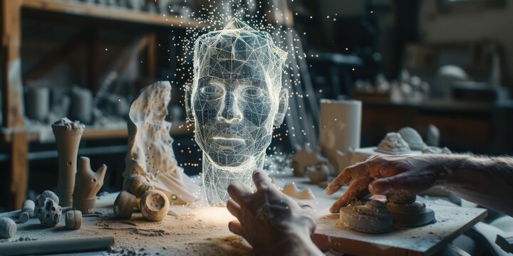 An architect in a minimalist office with an AI assistant as a holographic building model providing structural insights. Bright, natural lighting creates a professional setting. AIG60