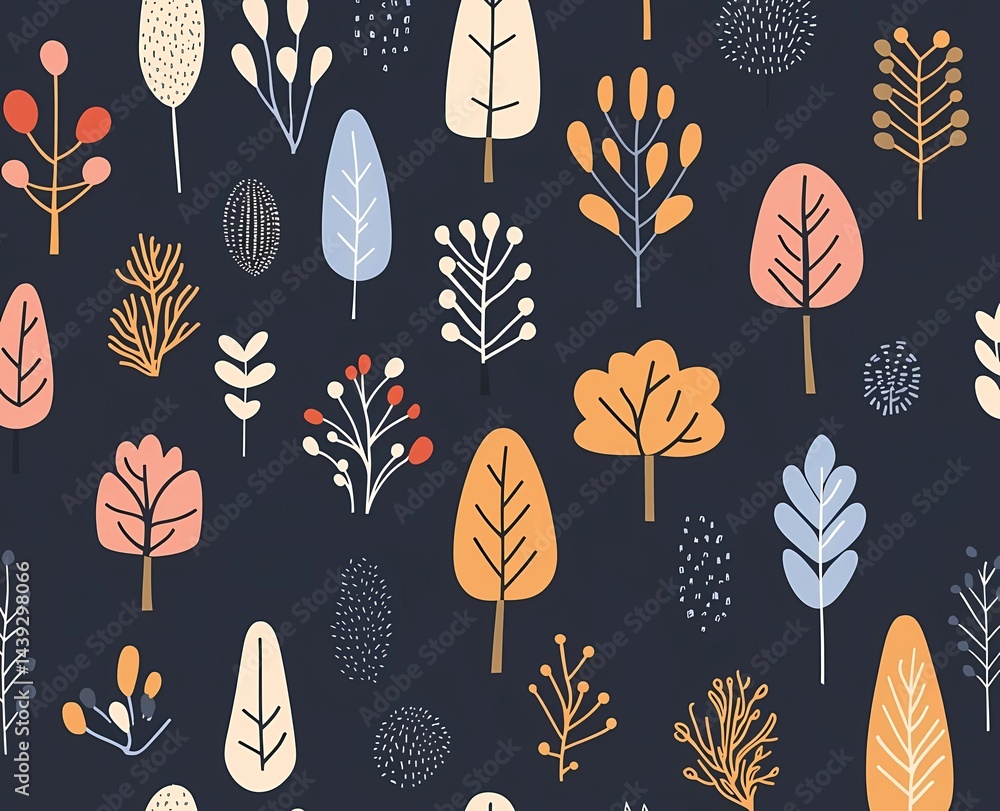 Poster a simple, seamless pattern featuring small, green and blue trees in a line art