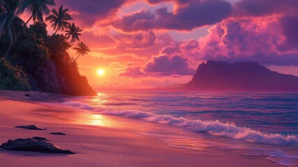 Tropical beach sunset scene with palm trees and pink, purple, and orange sky. Use this for travel, vacation, or tropical paradise themed projects.