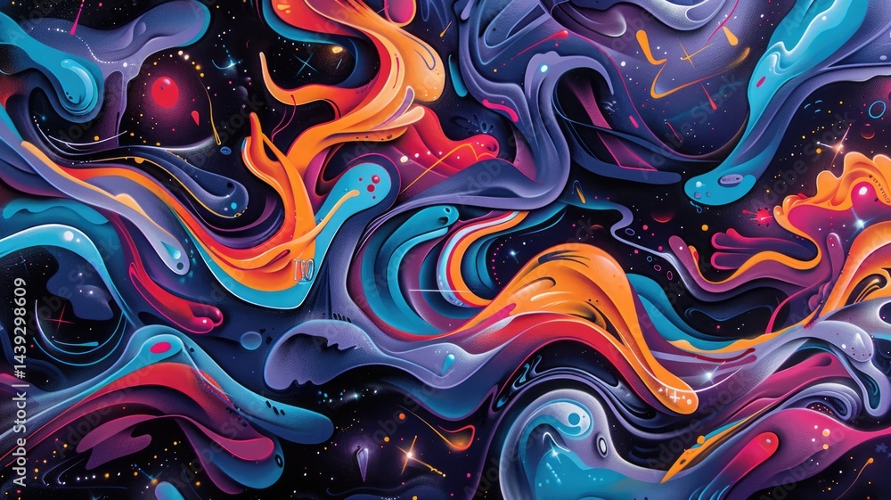 Poster colorful abstract fluid art with swirls and splashes on dark background. abstract artwork of vibrant