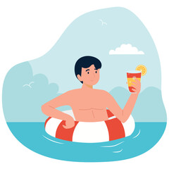 Summer Party Illustration. Vector illustration of A relaxed man enjoys a refreshing drink while floating in the water on a lifebuoy ring. Isolated on background