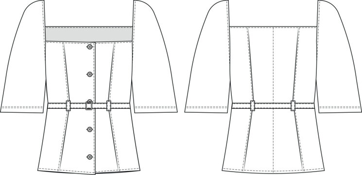 kimono bell sleeve short sleeve square neck princess darted belted denim jean buttoned blouse top shirt template technical drawing flat sketch cad mockup fashion woman design style model 
