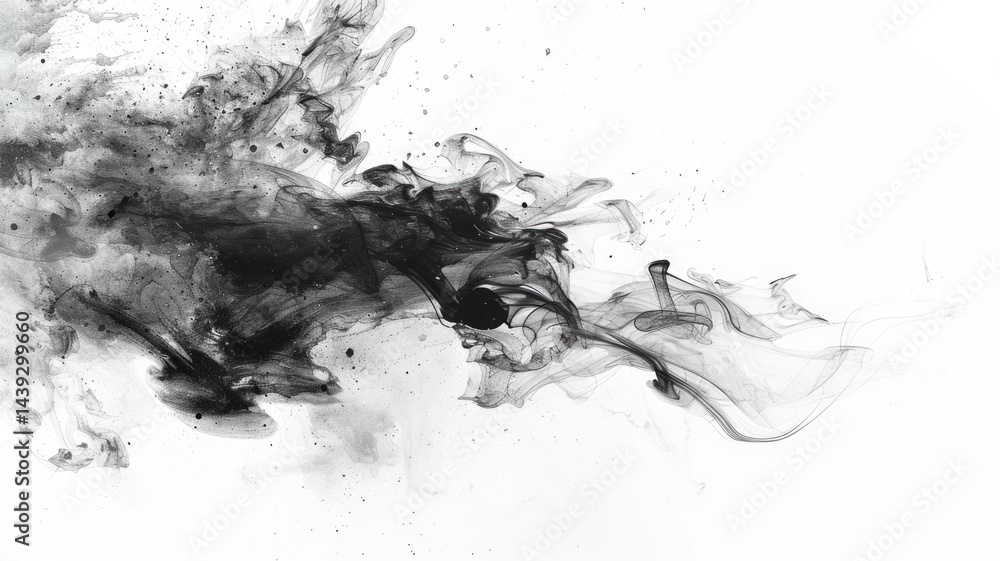 Poster abstract black ink swirls on a white background. digital art for design of black ink chinese brushst