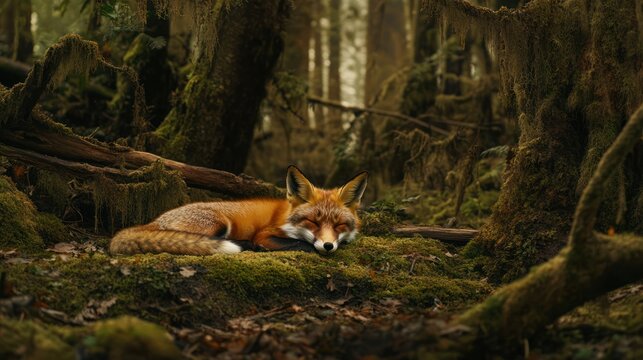 Red fox sleeping mossy forest; nature background