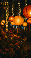 Glowing Lanterns and Vibrant Flowers Create a Magical Nighttime Ambiance in a Festive Garden Setting