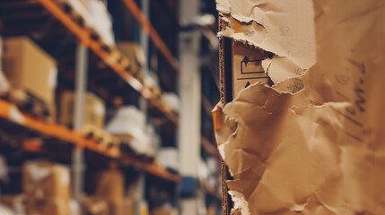 Close-Up of a Torn Shipping Label on a Cardboard Box with Blurred Warehouse Shelves in the Background, Symbolizing Order Cancellations, Logistics Errors, and Failed Deliveries in E-Commerce Business
