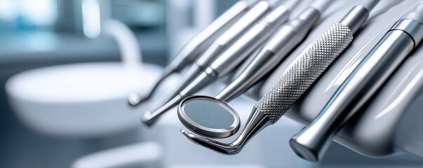 Bright dental clinic interior; instruments and equipment gleam; awaiting a visit - health office shiny