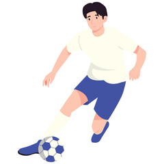 Football Pose Illustration. Vector illustration of A soccer player in white and blue uniform is dribbling the ball with focus and control. Isolated on background