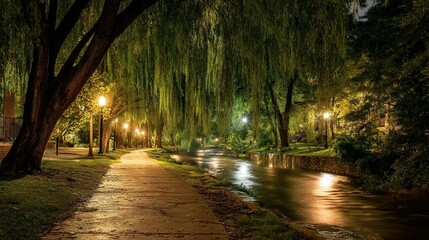 Nighttime path along a tranquil, illuminated stream in a park.
