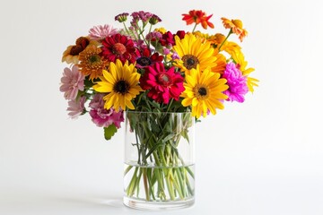 Vibrant Seasonal Flowers in Glass Cylinder Isolated On White Background.