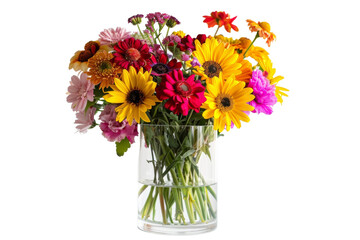 Vibrant Seasonal Flowers in Glass Cylinder Isolated On White Background.