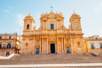 Noto, with the Basilica Minore di San Nicolo and Palazzo Ducezio, Sicily, Italy.